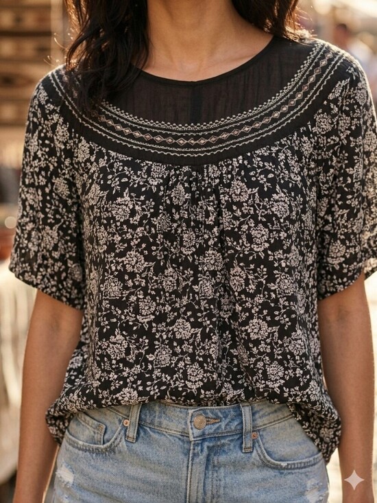 Lucky Brand Tops - Lucky Brand Women's Feminine Black Floral Embroidered Shirt Size Small